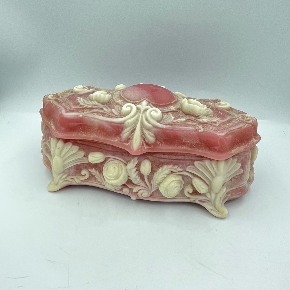 Vintage Incolay  stone carved trinket jewelry box with rose design